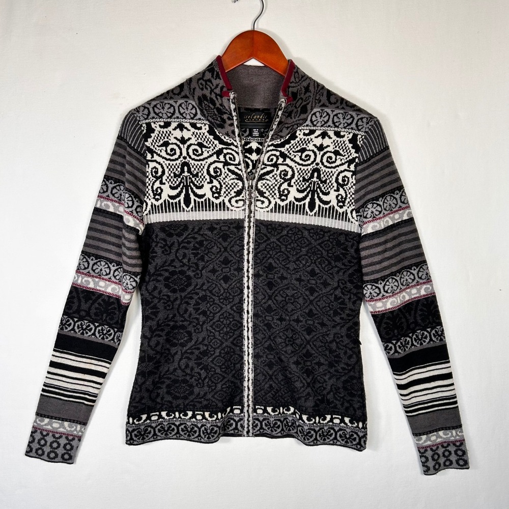Icelandic Design Women Grey Black Wool Blend Full Zip Cardigan Sweater Small